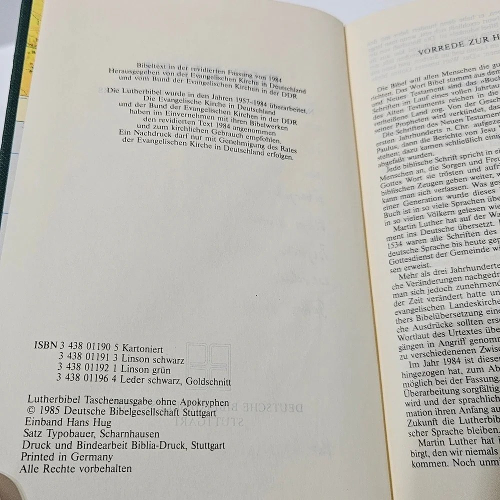 Die Bibel Martin Luthers Übersetzung Deutsch German Bible Green Hardcover 1985